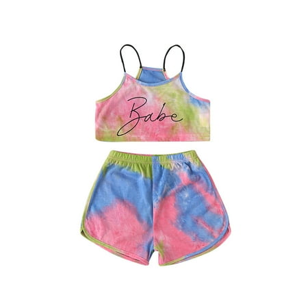 

Baby Girls Sleeveless Spaghetti Straps Tie Dye Tank Top + Elastic Waist Shorts