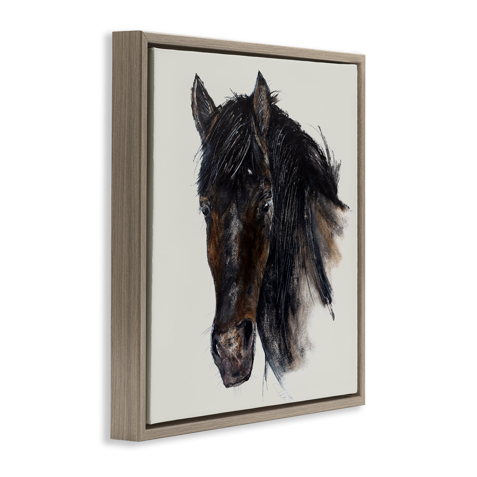 Stupell Industries Paint Stroke Black Horse Animals Painting Brown Floater Framed Canvas Art Print Wall Art, 18 x 18