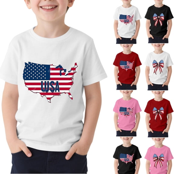 Afuyipoi Boys Patriotic T-Shirts,Comfortable Round Neck Independence Day Print Breathable Short Sleeve America Anniversary Tees White 9-10T