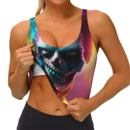 Qokaie Modern Abstract Colorful Skull A Pattern Womens Scoop Neck Sports Bra Breathable Workout Vest Padded U Back Medium Impact Fitness Gym Yoga Bra Workout Crop Top