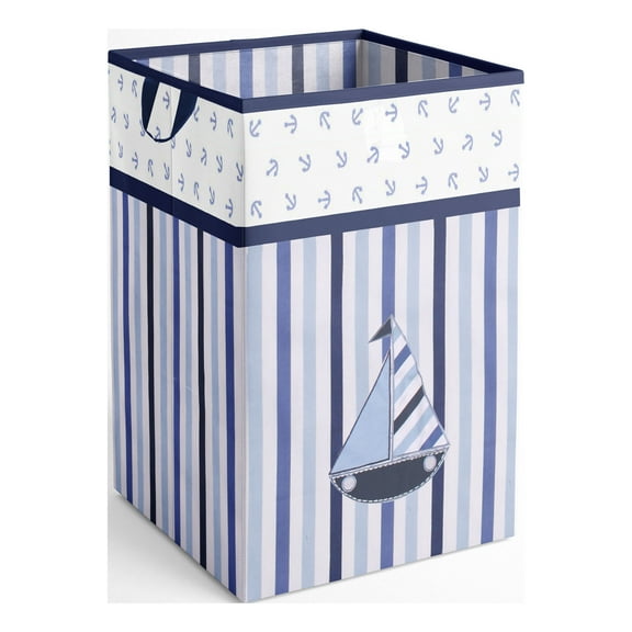 Bacati - Little Sailor Cotton Percale Fabric covered Storage Collapsible Hamper, Blue/Navy 18 H x 13 W x 13 L inches