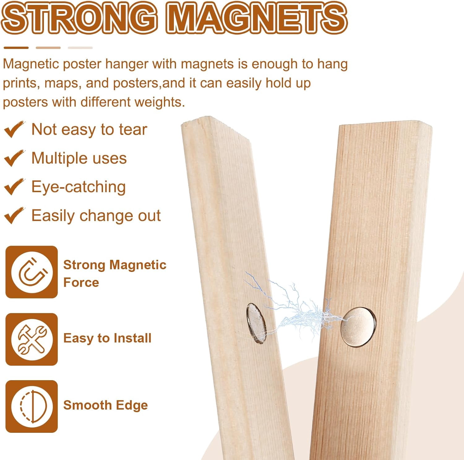 FRKSMD-2 Set Magnetic Poster Hanger Frame 12 Inch Wooden Magnet Picture Hangers Frames Wide Hanging Kit for Photos, Pictures, Artwork, Maps, White