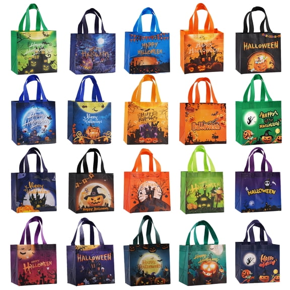 Lumikrypt 20 Pack Halloween Trick or Treat Bags, Reusable Non-Woven Tote Bags with Handles for Party Favors, Candy Goodie Bags, 8.3" x 7.9" x 6"