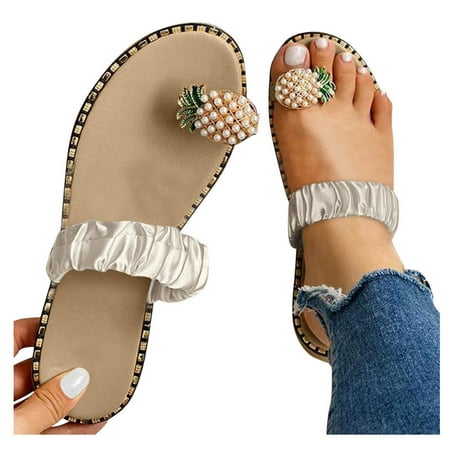 

Summer Slides Sandals Women Dressy Pineapple Toe Ring Flat Sandals Slip On Fashion Flip Flop Boho Casual Slippers Beach Shoes