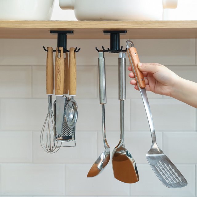 Jinsinto 2 Pack 360 Rotating Kitchen Utensil Holder, Kitchen Utensil Holder with 6 Hooks, No Drilling Storage Rack, for Kitchen/Bathroom/Closet