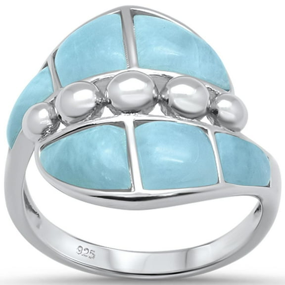 Natural Larimar Twin Beaded Design Ring Sterling Silver size 7