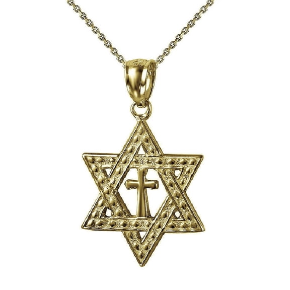 925 Sterling Silver Yellow Gold Plated 1mm Cable Chain Necklace w/ Star of David with Cross Pendant Charm