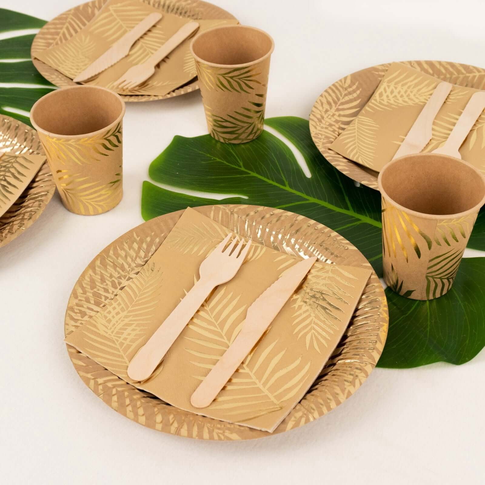 Efavormart 72 Pcs Natural Disposable Party Supplies Kit With Gold Foil Palm Leaves Print, Paper Plates Cups Napkins Tableware Combo Pack