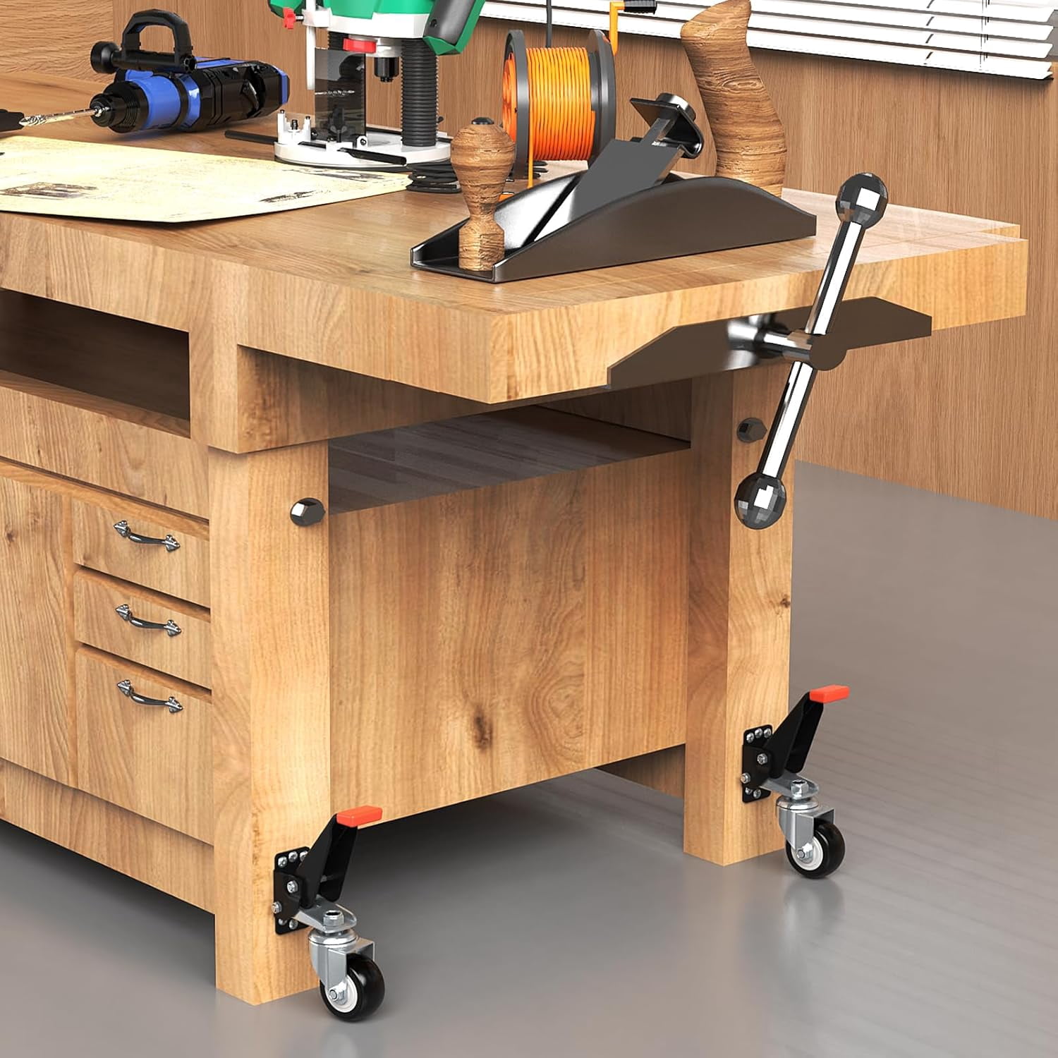 4 Pack Workbench Casters kit 660/720/880/990 Lbs - Retractable Casters Heavy Duty Bench Caster Wheels Designed for Workbenches Machinery & Tables,