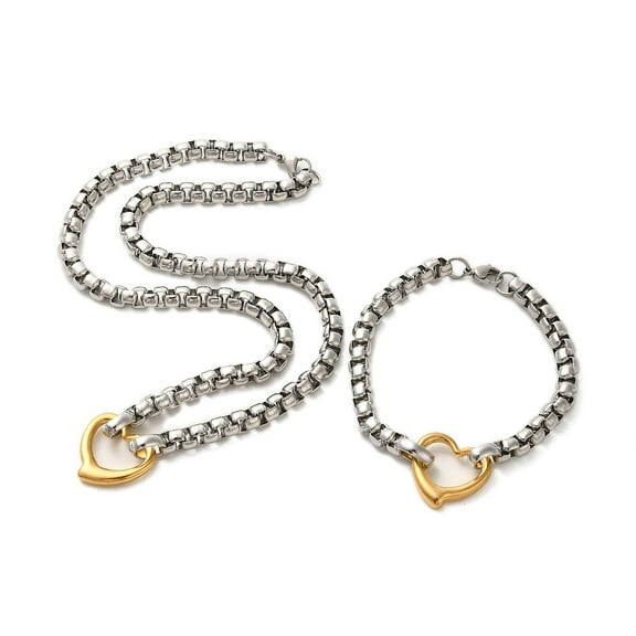 2sets 304 Stainless Steel Heart Necklaces & Bracelets sets 202 Stainless Steel box Chain Jewelry sets for Women Golden & Stainless Steel color 21.06 inch(535mm)