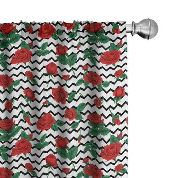 Rose Curtains 2 Panels Set, Romantic Roses in Full Blossom on Monochrome Chevron Zig Zag Stripes, Window Drapes for Living Room Bedroom, 56"W X 84"L, Jade Green Vermilion, by Ambesonne