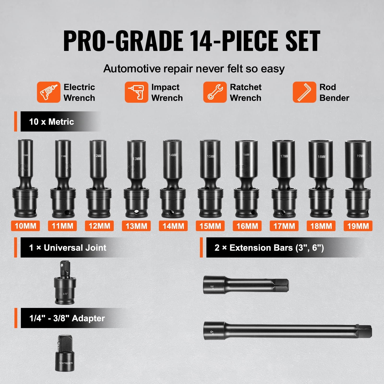 KFFKFF Rotating Impact Socket Kit, 14PC Universal Set - 3/8" Drive Deep Metric 10-19mm, 6PT Cr-Mo Alloy Steel, Auto Repair, Clear Size Labels, Durable Build