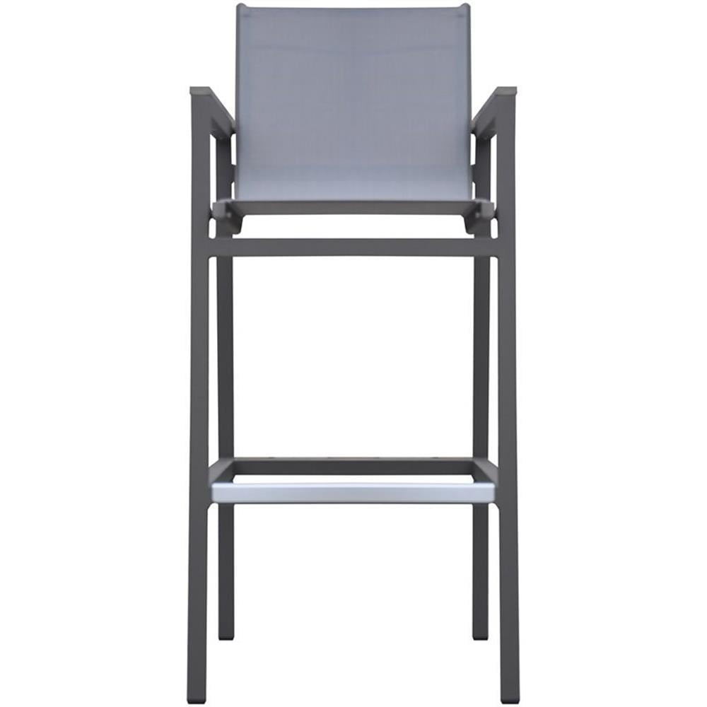 Armen Living Marina Outdoor Patio Barstool in&nbsp;Grey Powder Coated Finish with Grey&nbsp;Sling Textilene and Grey Wood Accent Arms