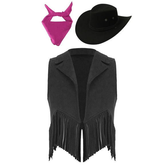 Runhomal Kids Boys Girls Western Cowboy Cowgirl Outfits Tassel Vest with Bandanna Hat Set Halloween Party Dress Up Black 16