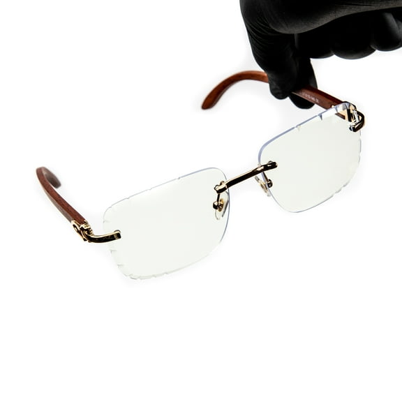 Mens Rimless Gold Frame Woodgrain Hip Hop Clear Lens Gem Cut Glasses