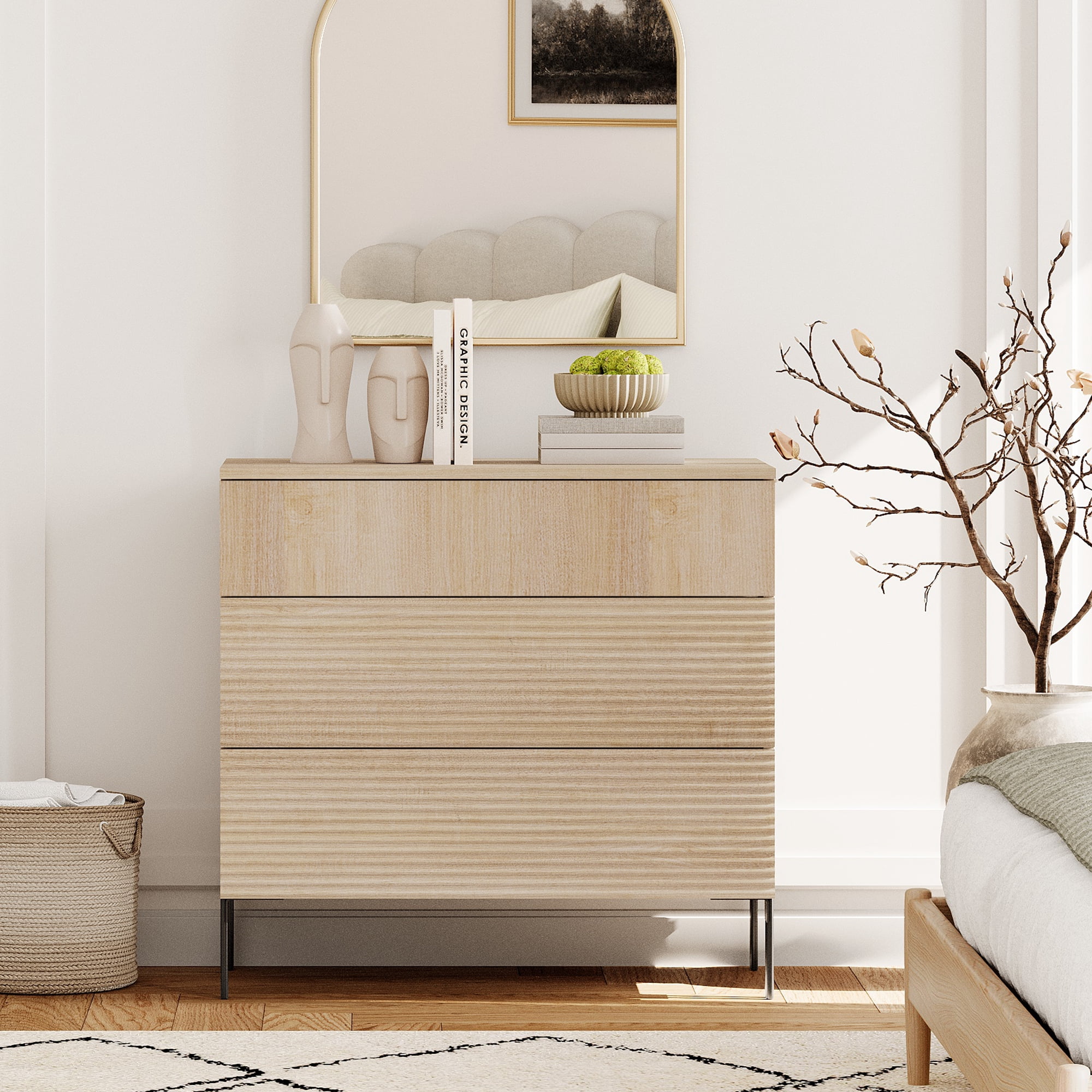 Modern Wood 3-Drawer Dresser with Reeded Design, Minimalist Dresser Organizer Storage for Bedroom,Living room, Entryway