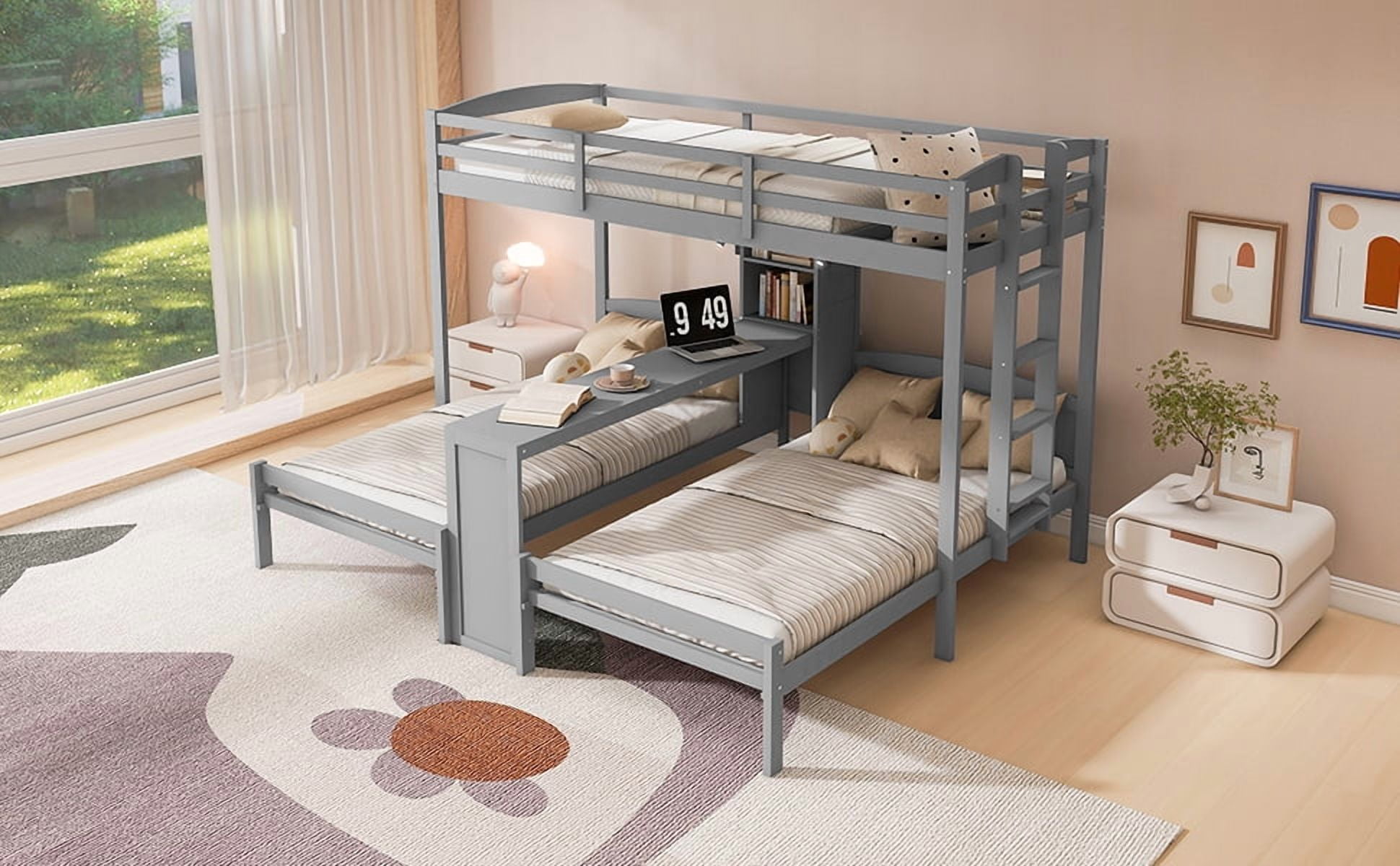 Mintazer Twin over Twin over Twin Bunk Bed with Desk, Bunk Bed with Reading Lamp and Storage Shelves, Gray