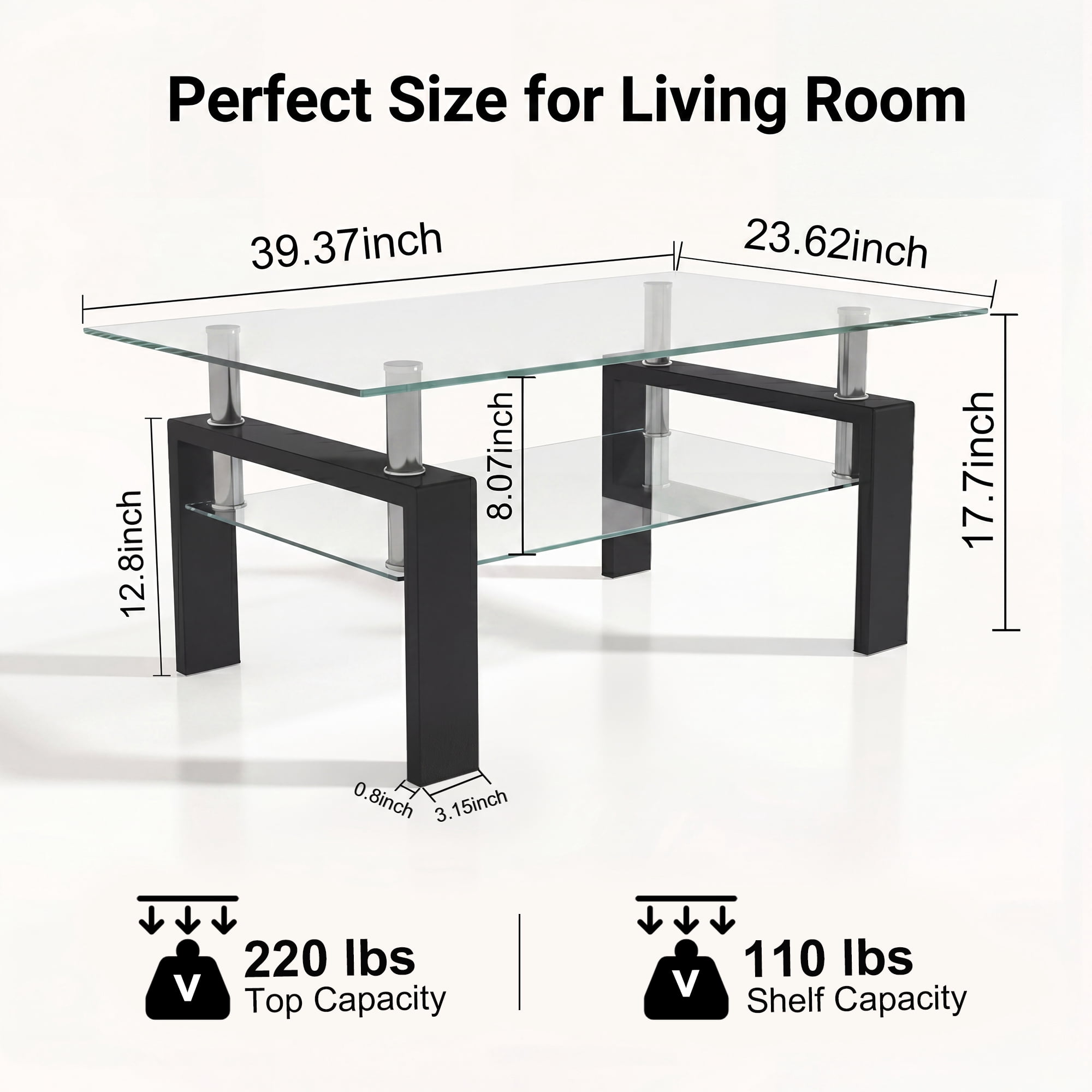 Glass Coffee Table with Lower Shelf, Holaki Modern Rectangular Tempered Glass Center Table with Metal Legs for Living Room, Black