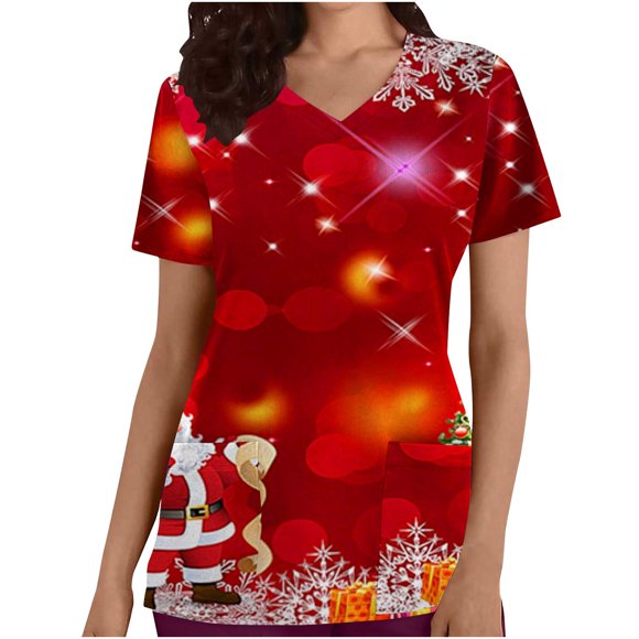 Christmas T Shirts for Women Womens Loose Christmas Print V-Neck Pocket Short Sleeved T-Shirt Overalls Womens Christmas T Shirts New Order T Shirt