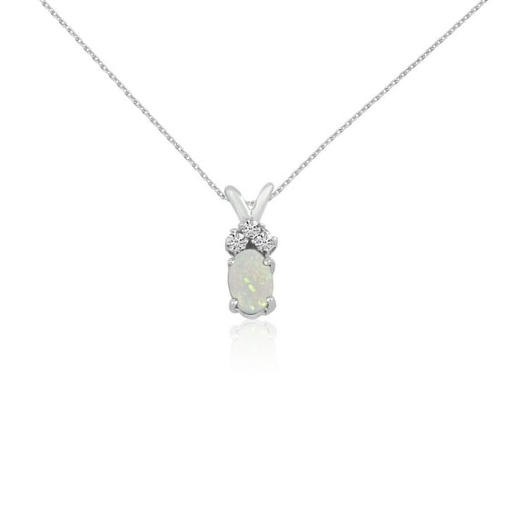 14K White Gold Oval Opal Pendant with Diamonds and 18" Chain