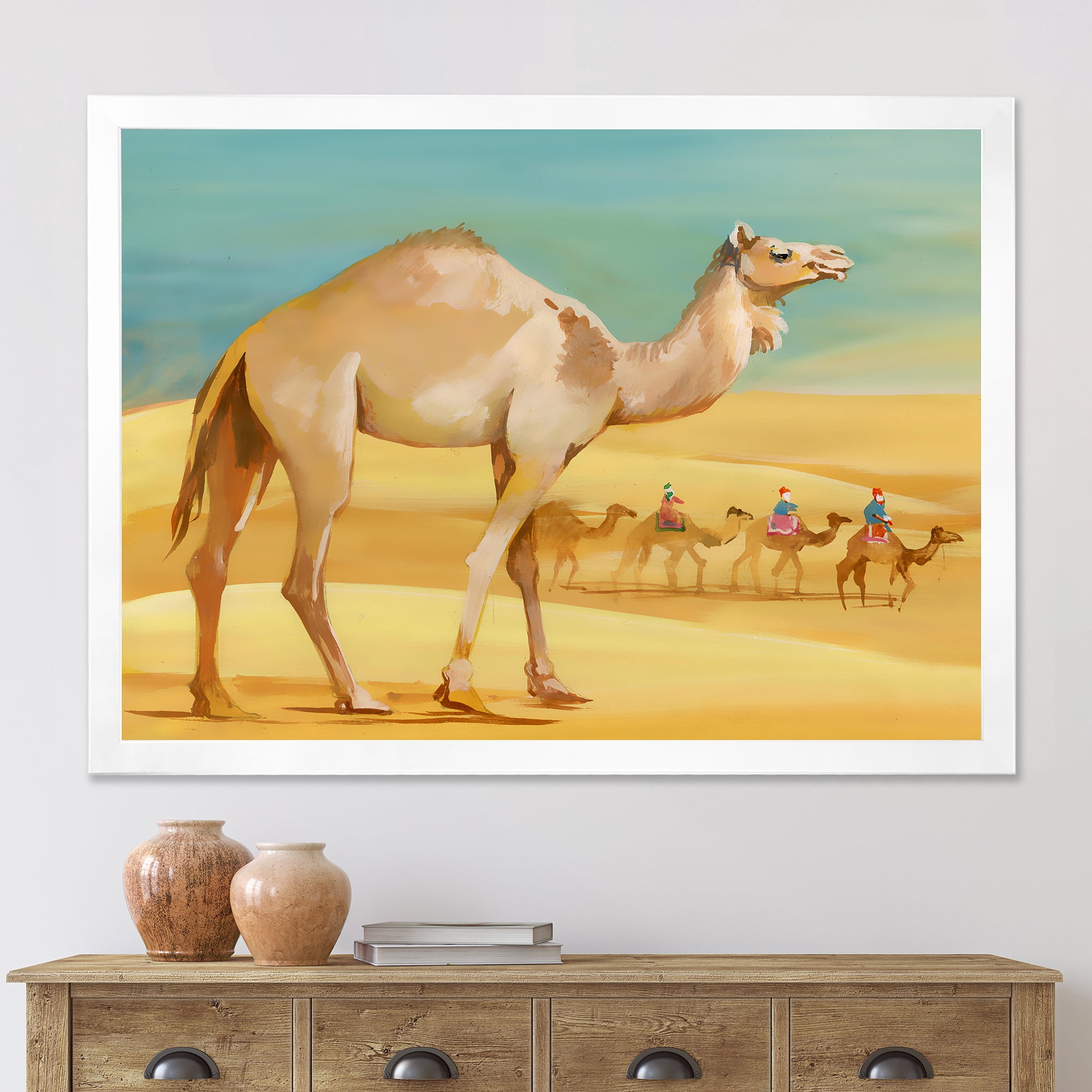 Designart 'Camels In Wild Desert I' Farmhouse Framed Art Print