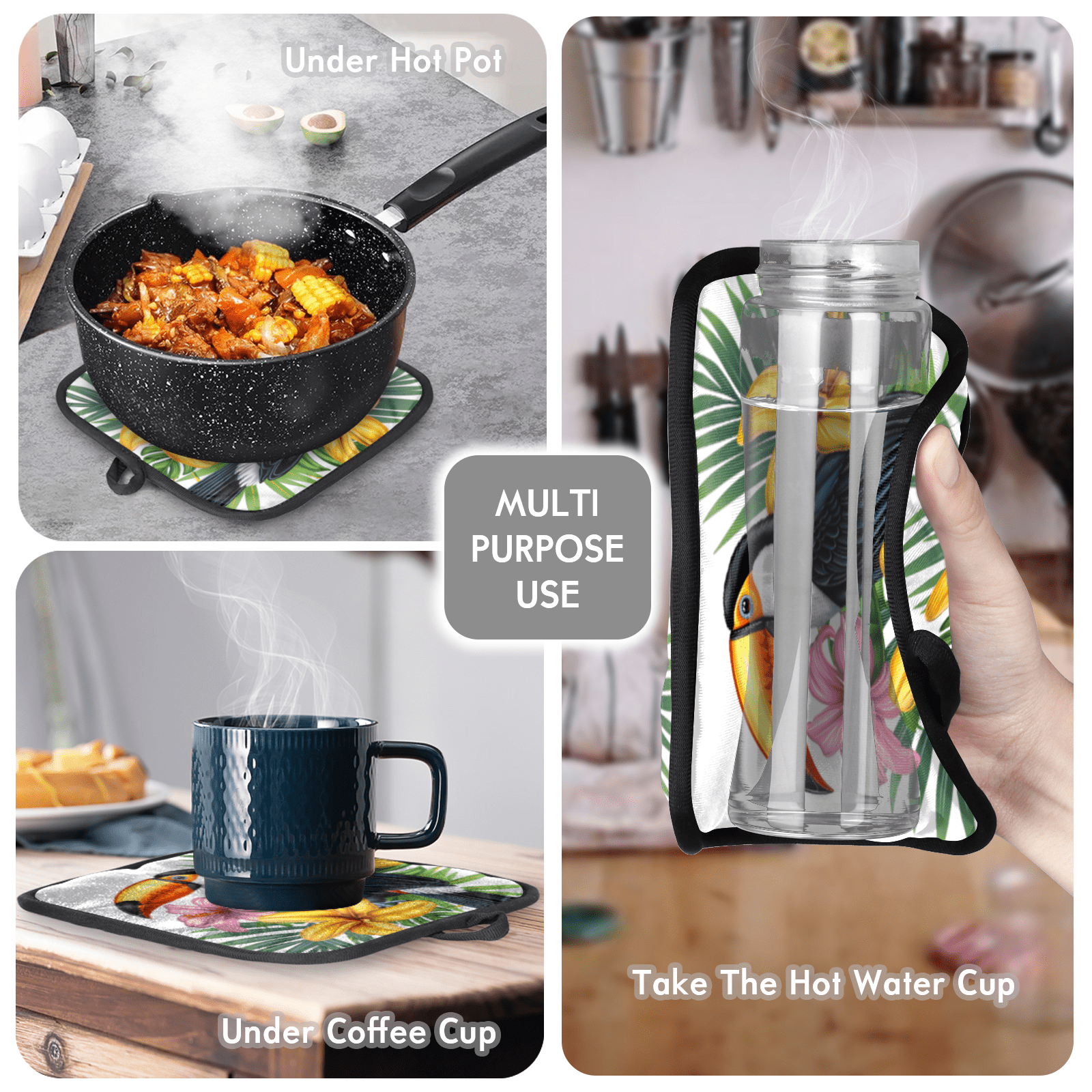 CURLYOOT Toucan Oven Mitts and Pot Holders Sets of 2, Non-Slip Washable Tropical Plant Flower Bird Hot Pads and Oven Gloves for Kitchen Cooking Baking