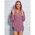 thumbnail image 2 of STARVNC Women Drawstring Hooded V Neck Solid Color Long Sleeve Top, 2 of 6