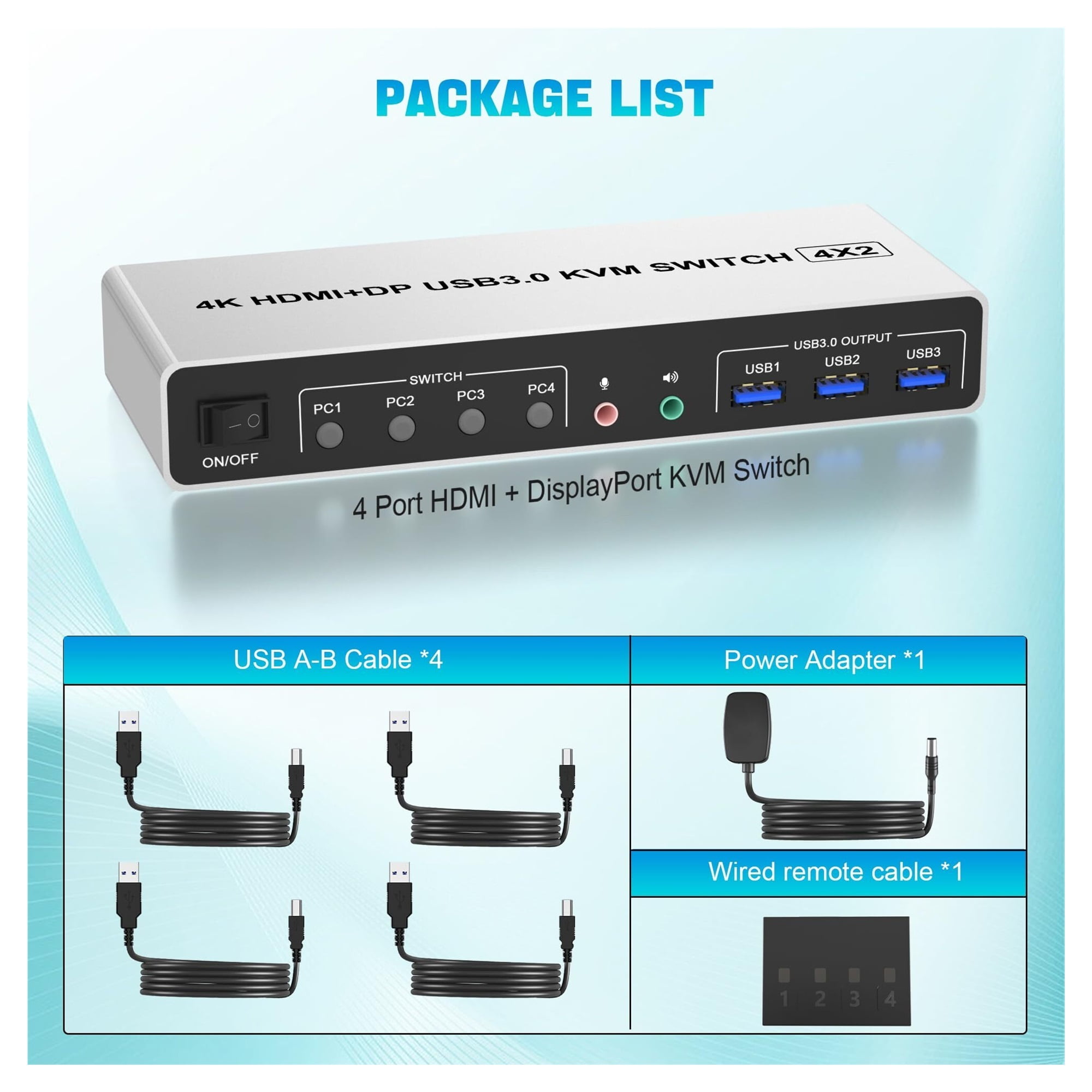 4K@60Hz USB 3.0 Displayport+ KVM Switch 2 Monitors 4 Computers, 4 Port Dual Monitor +DP Monitor Switch For 4 PC