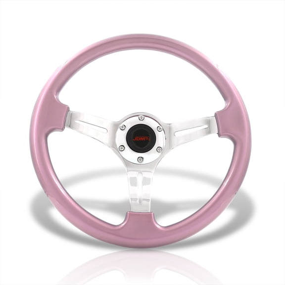 AJP Distributors JDM Sport Universal 350mm 14" 6-Bolt Hole Heavy Duty Steel Steering Wheel Metallic Pink Frame Polished Light Weight 3 Spoke Horn Button Grip Stance Drifting Center