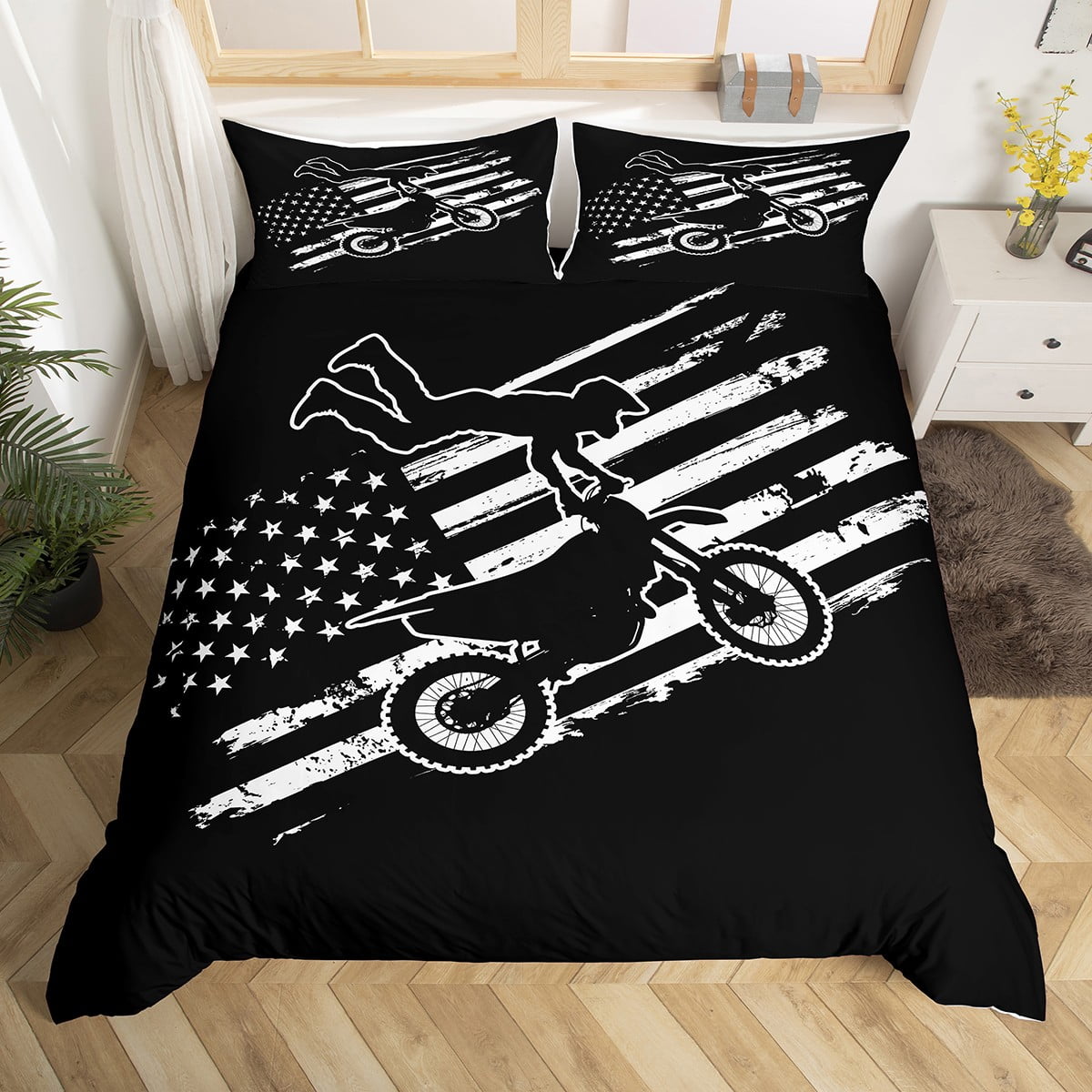 YST Dirt Bike Duvet Cover Full,Black White Motocross Rider Bedding Set