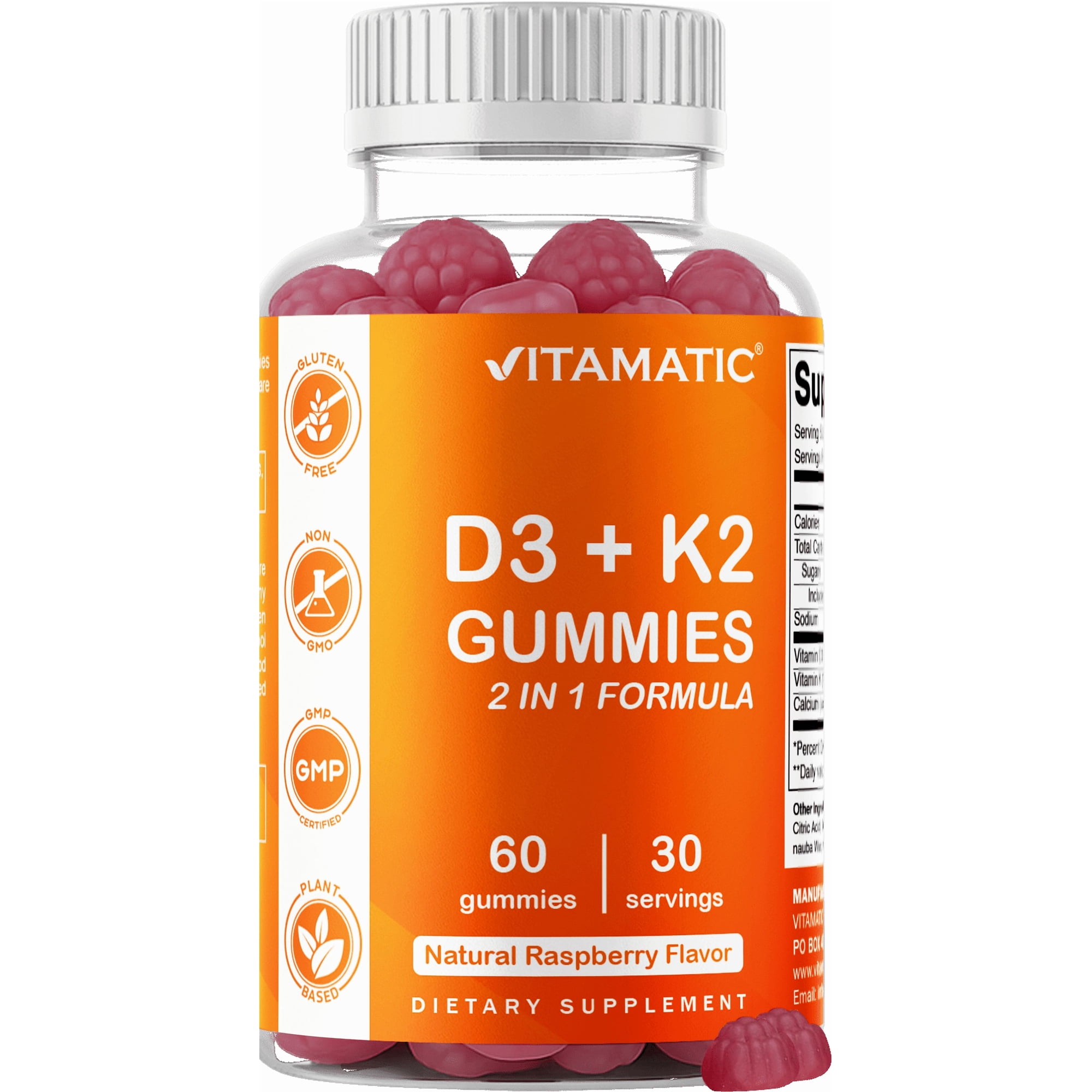 Vitamatic Vitamin D3 K2 Gummies - 60 Count - Supports Healthy Bone, Heart & Calcium Absorption, & Immune Health - Plant Based, Non-GMO, Gluten Free