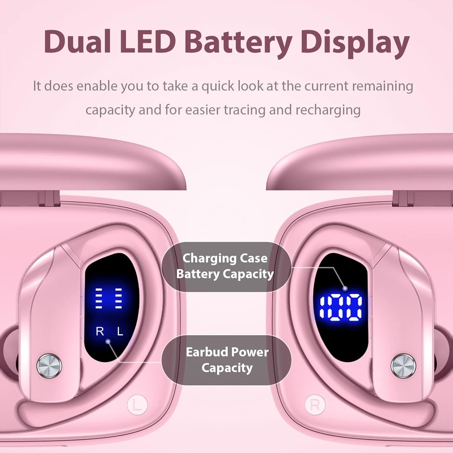 Wireless Earbuds Bluetooth Headphones 48hrs Play Back Sport Earphones with LED Display Over-Ear Buds with Earhooks Built-in Mic Headset for Workout