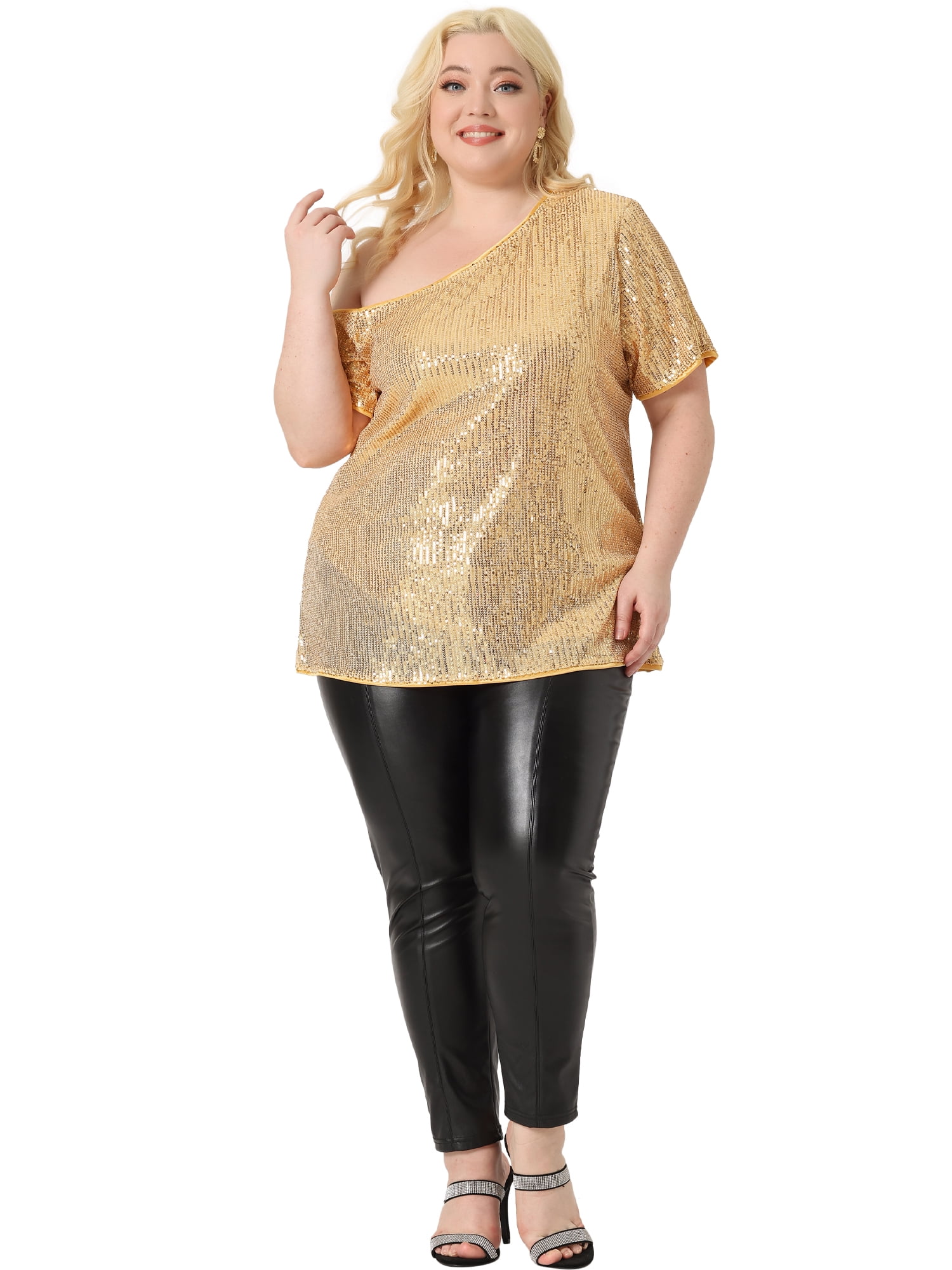 Women's Plus Tops One Shoulder Short Sleeve Metallic Blouses Party Sequin Tops 3X Gold