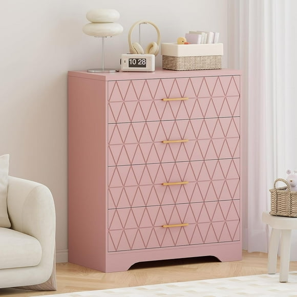Tall Dressers for Bedroom with 4 Drawers, Wood Chest of Drawers with Gold Handles for Closet, Modern Nightstand for Bedside, Wooden Dresser Storage Organizer for Living Room, Hallway