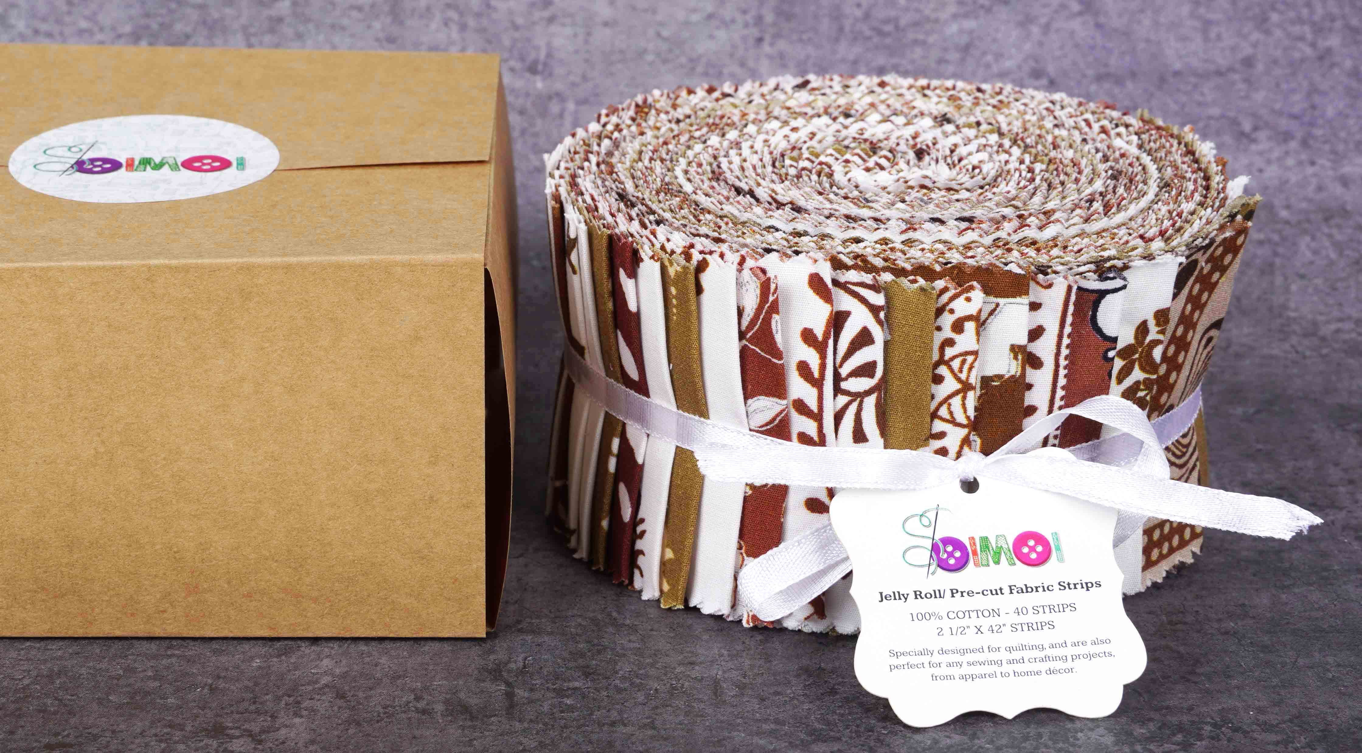 Soimoi 40Pcs Block Print Cotton Precut Fabrics For Quilting Craft Strips 2.5x42inches Jelly Roll - Light Brown