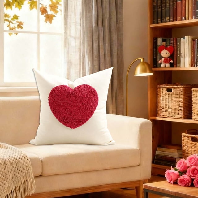 Juego de cojines para parejas de San Valentín | Fundas de franela con bordado de corazones | Decoración romántica para aniversario | Rojo y blanco | 43 x 43 cm y 30 x 50 cm