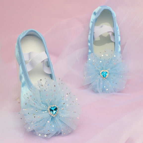 Huowey Children Girls Ballet Yoga Shoes Elastic Strap Mash Floral Solid Color Split Sole Slippers Performance Breathable Flats Soft Dance Footwear Casual Sneaker,Blue,2-2.5 Years