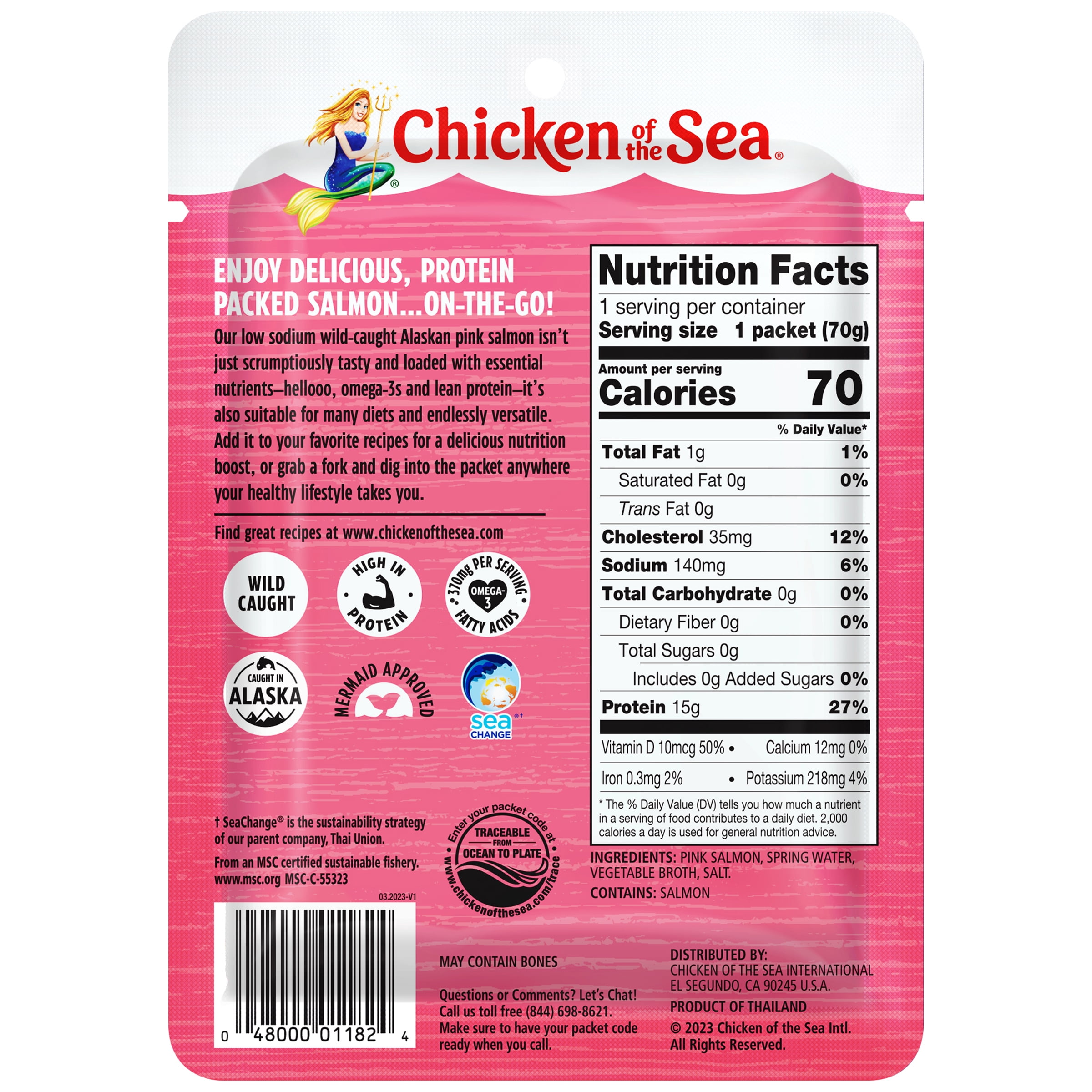 (4 pack) Chicken of the Sea Wild Caught Alaskan Pink Salmon in Spring Water, Low Sodium Packet 2.5 oz