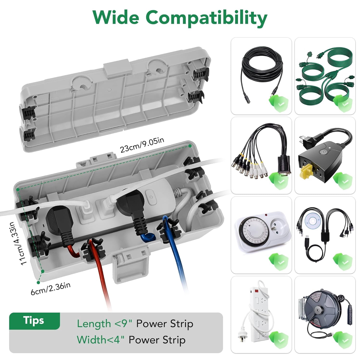 JJEAN-Medium Outdoor Electrical Box(10.4x6x4.2inch), IP54 Waterproof, Weatherproof Connection Box w/6 Cable Entry Ports, Extension Cord Cover Protect Power Strip, String Lights, Timer, Plug, Grey