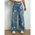 thumbnail image 6 of Women's Baggy Jeans Casual Boyfriend Mid Rise Floral Printed Wide Leg Denim Pants Blue XL, 6 of 8