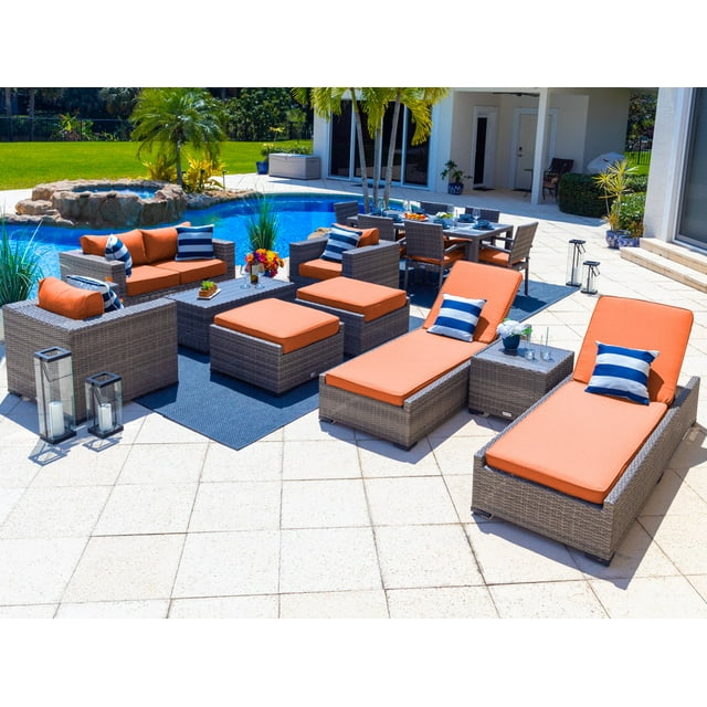 Sorrento 16-Piece Resin Wicker Outdoor Patio Furniture Combination Set in Gray w/ Loveseat Set, Six-Seat Dining Set, and Chaise Lounge Set (Flat-Weave Gray Wicker, Sunbrella Canvas Tuscan)