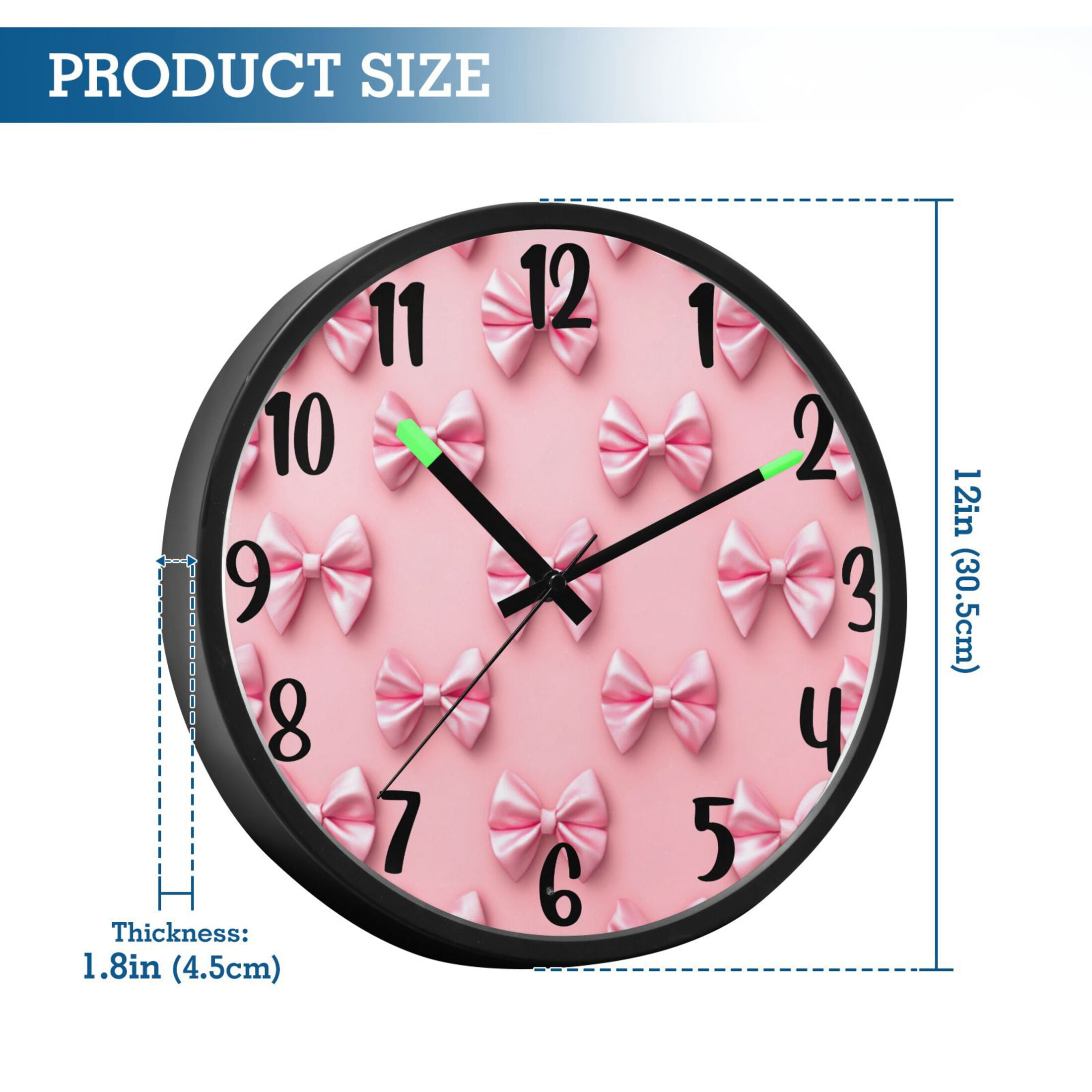 RMDQTR 12 Inch Sound-Activated LED Night Light Wall Clock Silent Sweep Movement Acrylic Face Battery-Operated for Bedroom/Living Room/School / Pink Simple Bows