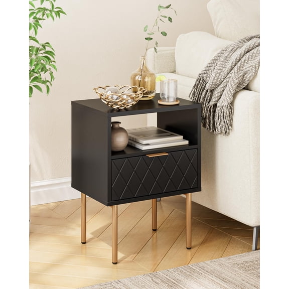 Small Nightstand with 1 Drawer and Shelf, Side End Table for Bedroom and Living Room