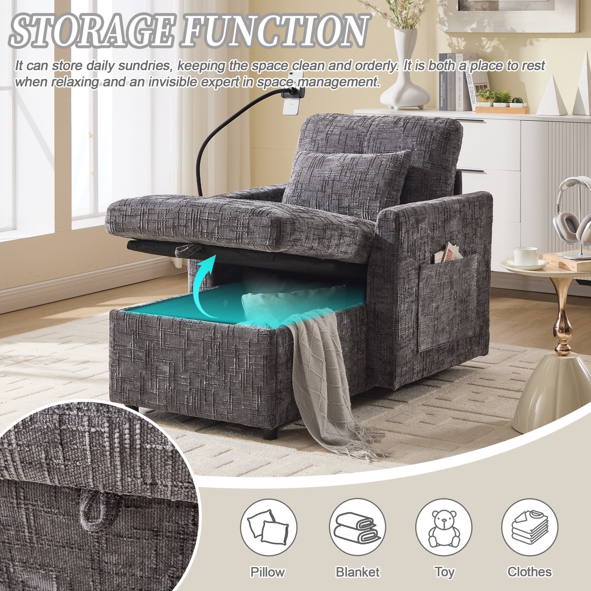 Aukfa Storage Chaise Lounge Single Sofa with Phone Holder and Pillow for Living Room Bedroom, Chenille, Gray