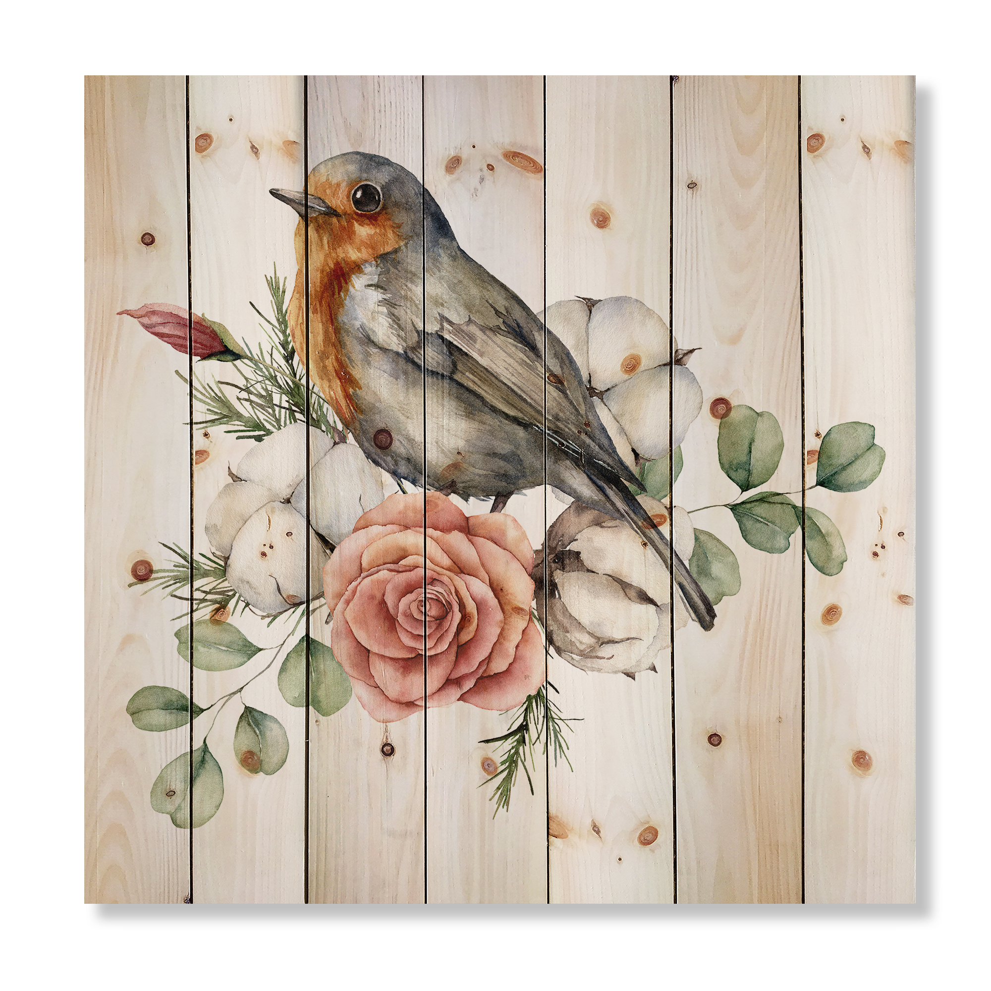 Designart 'Cotton Rose and Leaves With Robin Redbreast' Traditional Print on Natural Pine Wood