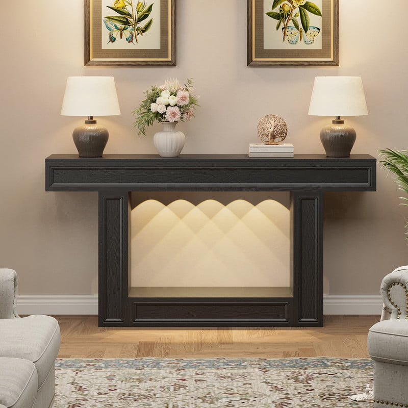 PLAMLE 63 Inch 2-Tier Console Table with Sensor Lights, U-Shaped Base Sofa Table for Entryway, Hallway, Living Room, Foyer, Narrow Small Spaces
