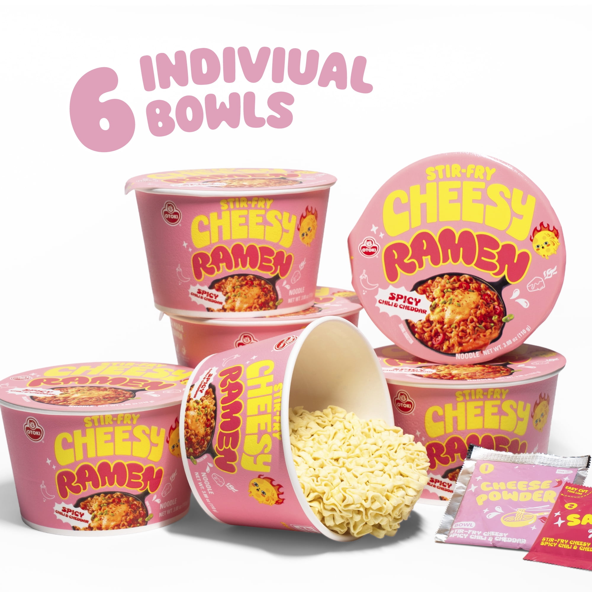 Cheesy Stir-Fry Ramen Bowl (Pack of 6) – Spicy Chili & Cheddar Flavor Bold, Creamy & Cheesy Korean Instant Noodles 3.88 oz
