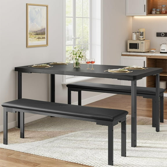 TROPOW Dining Table Set for 3,Compact Kitchen Table Set with 2 Upholstered Benches, Rectangle Modern Dining Table Chair for Small Spaces, Apartment,Black