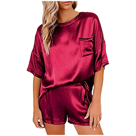 

Binmer Women Summer Pajama Suit Two Piece Silk Solid Sleepwear Nightwea Soft Casual Pajamas Sets