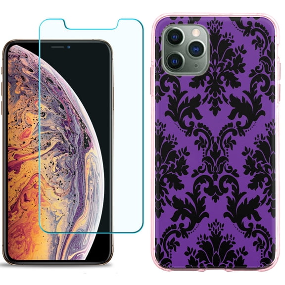 For Apple iPhone 11 Pro Case , Slim-Fit TPU Protective Phone Case with Tempered Glass Screen Protector, by OneToughShield ® - Victorian Purple/Black